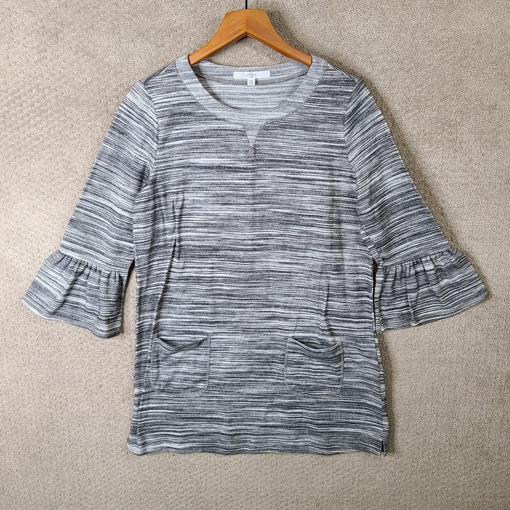 FeVer Shirt Women Medium Gray Striped Bell‎ Sleeve Tunic Top Knit Pockets